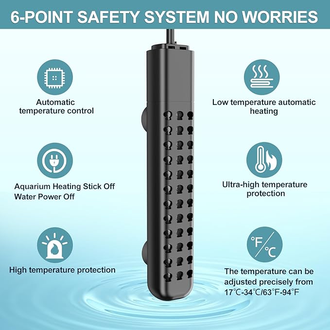 Submersible Aquarium Heater 100W/200W/300W/500W, Fish Tank Heater with high-Temperature Protection and Turtle Tank Heater with Automatic Power-Off When Leaving seawater or Freshwater.