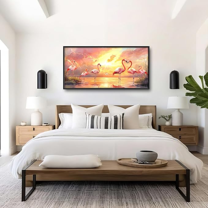 Large Flamingo Wall Art for Living Room, Framed Oversized Sunset Lake Wall Decor Landscape Canvas Painting Pictures Modern Artwork for Living Room Bathroom Bedroom Office Dining Room 60"x30"