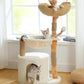 Modern Cat Tree for Large Cats, Wood Cat Tower for Indoor Cats, Real Branch Luxury Cat Furniture with Super Large Cozy Condo and Hammock & Scratching Post, Top Basket, White