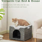 Cat Beds Indoor Kitten House, Handwoven Rattan Cat Cave Pet Cube, Large Cat Houses, One Bed Mat, Foldable, Hideaway, 16.5x16.5x13.2 Inches, 2 S-Shaped Hooks in Living Room Bedroom Gray
