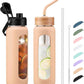 Kodrine Water Bottle with Straw, 24 oz Glass water Bottle with 2 Lids Bamboo Straw Lid and Spout Lid with Handle, 32 oz Clear Water Bottle Glass for Sports Travel, Waterbottle with Time Marker