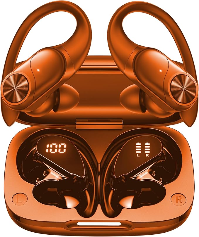 PocBuds Bluetooth Headphones Wireless Earbuds 80hrs Playtime Wireless Charging Case Digital Display Sport Ear Buds with Earhook Deep Bass IPX7 Waterproof Over-Ear Earphones for Phone Laptop Caramel