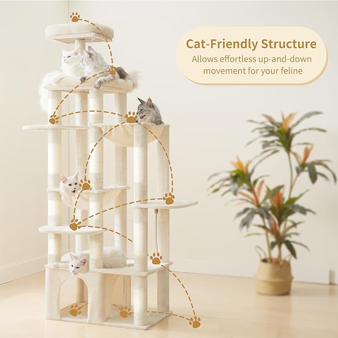 Heybly Heavy Duty Cat Tree, 71-Inch Tall Tower for Large Maine Coon with Extra-Large Baseboard, Cat Condo Furniture with Multi-Level Platforms, 2 Hammocks and 12 Scratching Posts, Beige HCT037M