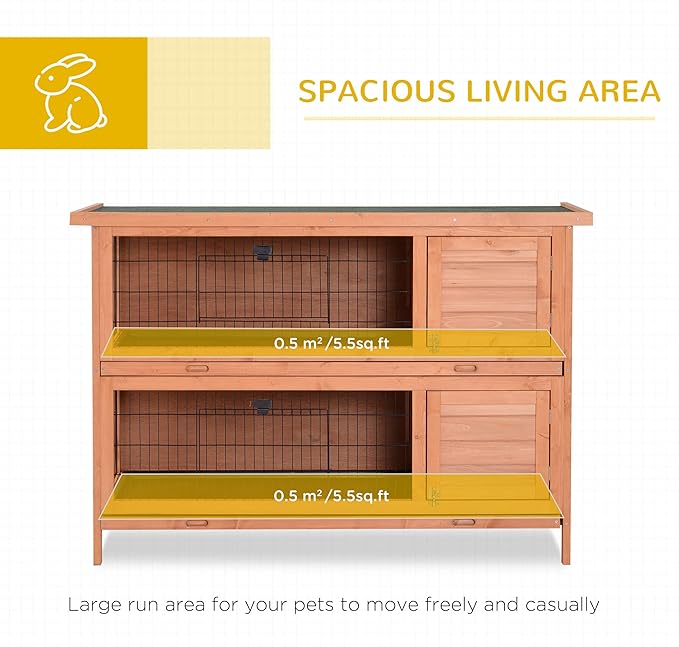 PawHut 54" 2-Story Large Rabbit Hutch Bunny Cage Wooden Pet House Small Animal Habitat with Lockable Doors, No Leak Tray and waterproof Roof for Outdoor/Indoor Orange