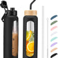 Kodrine Water Bottle with Straw, 24 oz Glass water Bottle with 2 Lids Bamboo Straw Lid and Spout Lid with Handle, 32 oz Clear Water Bottle Glass for Sports Travel, Waterbottle with Time Marker