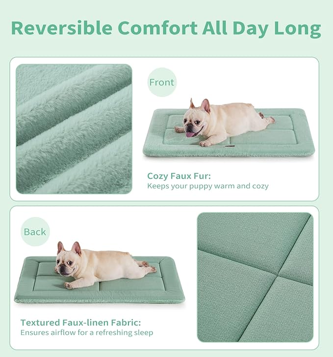 Made4Pets Dog Crate Pad Bed for Small Dogs, Washable & Reversible, Anti-Slip Kennel Mat for Cozy Sleeping, Soft Fluffy Dog Bed for Indoor & Outdoor Use, 24"x18", Green