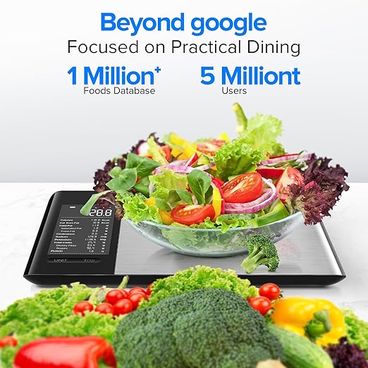 Smart Food Kitchen Scale with Nutritional Calculator, Free App with 19 Nutrients Tracking, Calorie, Marco, Digital Weight Grams and Ounces for Weight Loss, Premium Stainless Steel, 22lb