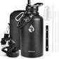 Insulated Water Bottle 64 oz, Triple Wall Vacuum Stainless Steel (Cold for 48 Hrs), Leak Proof & Non-BPA, Half Gallon Water Flask Jug with Paracord Handle & Straw Spout Lids, Magic Black