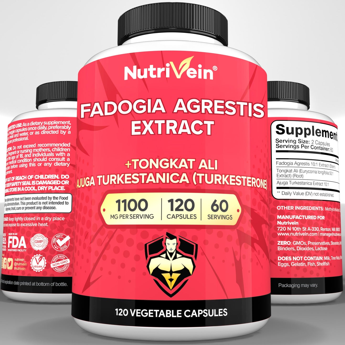 Nutrivein Premium Fadogia Agrestis and Tongkat Ali Supplement with Turkesterone - 1100 mg - 120 Caps