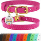BRONZEDOG Leather Cat Collar with Removable Bells Non Breakaway Kitten QR Tag for Girl Boy (9" - 12" Cats/Mini Dogs, Pink & Gold)