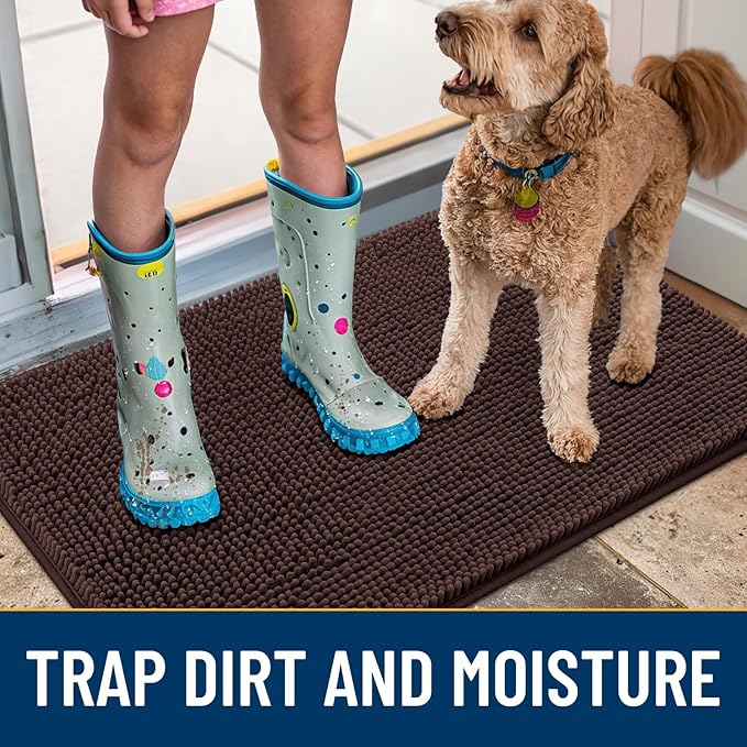 Smiry Dog Door Mat for Muddy Paws 30x20, Absorbs Moisture and Dirt Doormat, Non-Slip Washable Quick Dry Chenille Front Door Mat Indoor Entrance, Entryway Carpet for Inside Floor, Brown