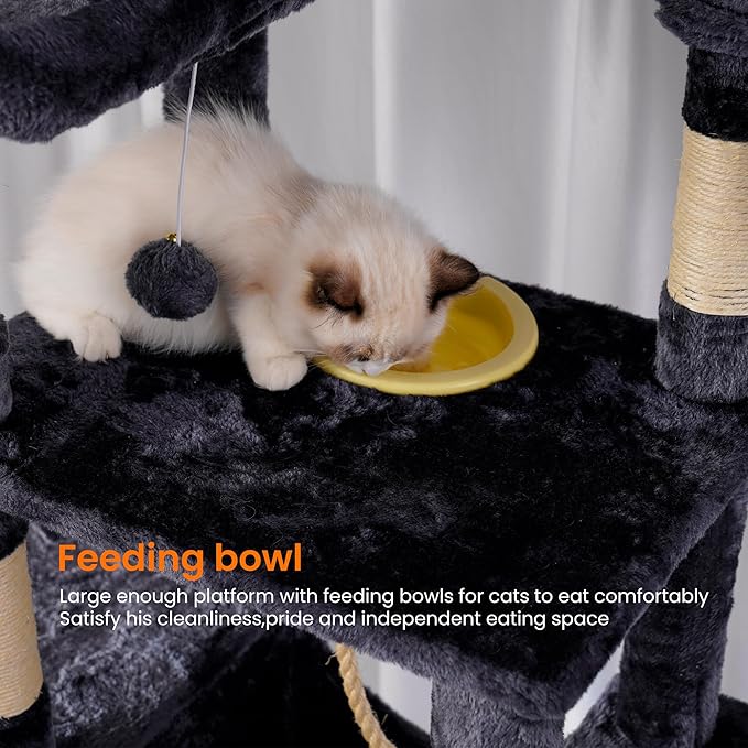 Heybly Tall Cat Tree, 78-inch Multi-Level Cat Tower for Indoor Cats, 2 Widened Plush Perches Cat Condo with Scratching Board and Big Caves, Smoky Gray HCT033G
