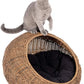 D+GARDEN Wicker Cat Bed Dome for Medium Indoor Cats - a Covered Cat Hideaway Hut of Faux Rattan Houses Pets in Dome Basket, Washable