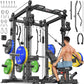 Power Cages Multi-Purpose Squat Rack with Cable Crossover System, Matching Weight Bench, Olympic Barbell Weight Set for Garage and Home Gyms