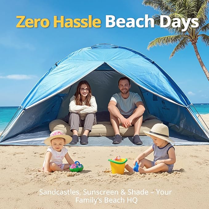 CAMEL CROWN Beach Tent UPF 50+ Sun Shelter for 2/3/5/6 Person, Lightweight Portable Sun Shade with Sand Anchor, Family Beach Day & Outdoor Adventures