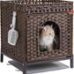 Cat Litter Box Enclosure Hidden Litter Box Furniture with Metal Heightened Feet, Rattan Handwoven Cat House with Litter Mat, Hidden Litter Box Furniture for Bedroom Living Room Brown