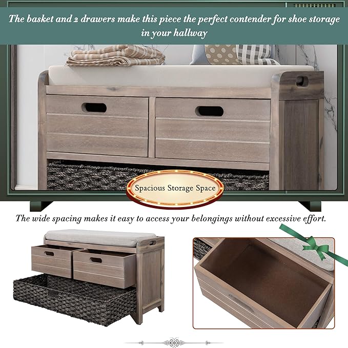 Storage Bench Removable Basket 2 Drawers Fully Assembled Acacia Wood Shoe Bench Standing Shoe Rack Removable Cushion for Living Room, Entrance Hallway, No Assembly Required White Washed