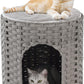 Cat House for Indoor Cat, Large Double Cat Houses Cat Bed Cave, Handwoven Rattan Pet Beds with One Soft Pad, 17 x 17 x 17 Inches Foldable Kitten Hideaway in Living Room Gray