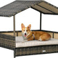 PawHut Wicker Dog House Outdoor with Canopy, Rattan Dog Bed with Water-Resistant Cushion, Raised Dog Bed for Small, Medium Dogs up to 66 lbs, 19.75" in Length, Brown Wicker, Khaki Cushion
