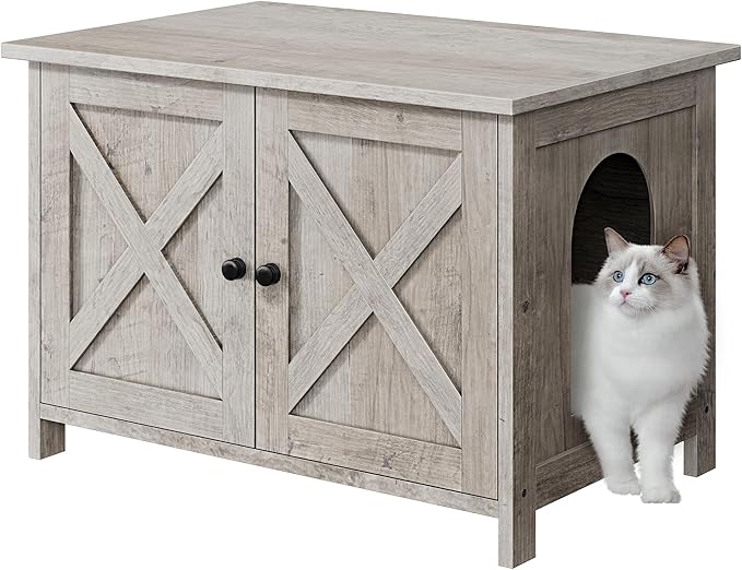 JY QAQA Cat Litter Box Enclosure,Litter Box Furniture Hidden with Barn Door,Wooden Washroom Furniture,Cat House,Fit Most of Litter Box