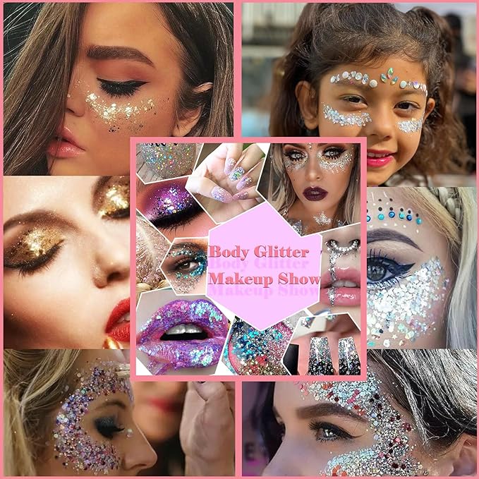 Body Glitter Face Glitter Gel: Singer Concerts Disco Festival Rave Accessories Face Glitter Makeup 150ml Chunky Sequins Mermaid Face Body Hair Glitter Gel (White&Silver&Gold)