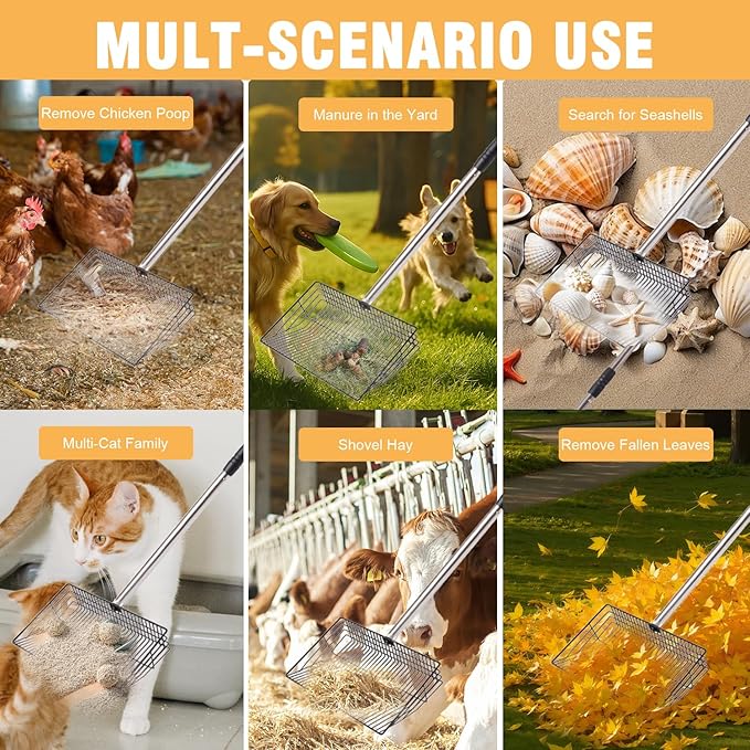 Chicken Poop Scooper 67 inch Adjustable Coop Scooper with 10 inch Metal Sieve for Fast Cleaning, Multi-Purpose Litter Tool for Chicken Coops, Barns & Pet Waste