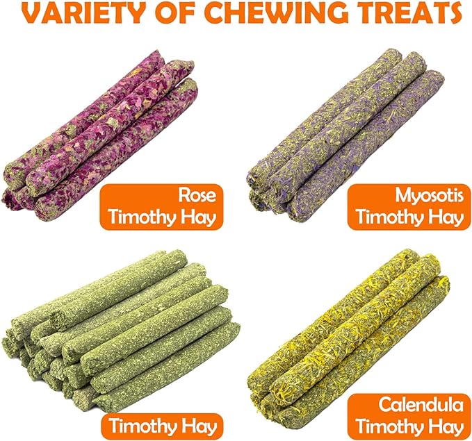 Sofier 32Pcs Timothy Hay Sticks 320g for Rabbit, Guinea Pig, Hamster - Natural Handmade Treats and Chews for Teeth - Chinchilla, Rat, Gerbil Toys