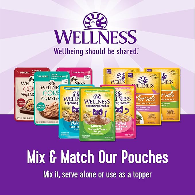 Wellness CORE Tiny Tasters Pate Adult Wet Cat Food, Natural, Protein-Rich, Grain Free, 1.75 Ounce Pouch, 12 Pack (Tuna)