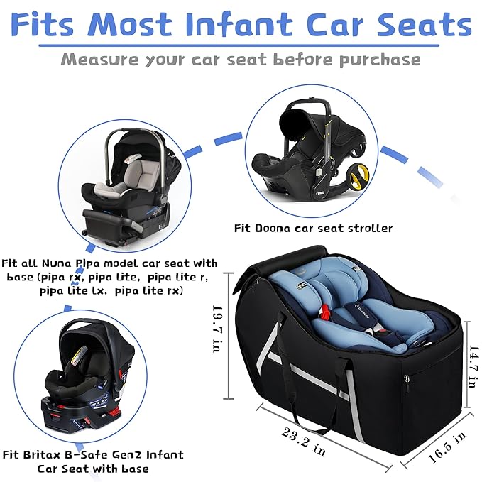 Infant Car Seat Travel Bag for Airplane Compatible with All Nuna Pipa Car Seat and Base,Chicco KeyFit 30 and Base, Padded Car Seat Bags for Air Travel,Car Seat Gate Check Bag with Side Pocket, Black