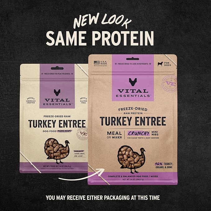 Vital Essentials Freeze-Dried Raw Turkey Meal or Mixer Dog Food Crunchy Mini Nibs, 14 oz