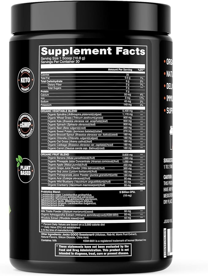 Jocko Fuel Daily Greens Powder - Premium Organic Greens Superfood Powder for Gut Health, Digestion, Bloating, Immune Support with Spirulina, Chlorella, Digestive Enzymes, & Probiotics - 30 Servings
