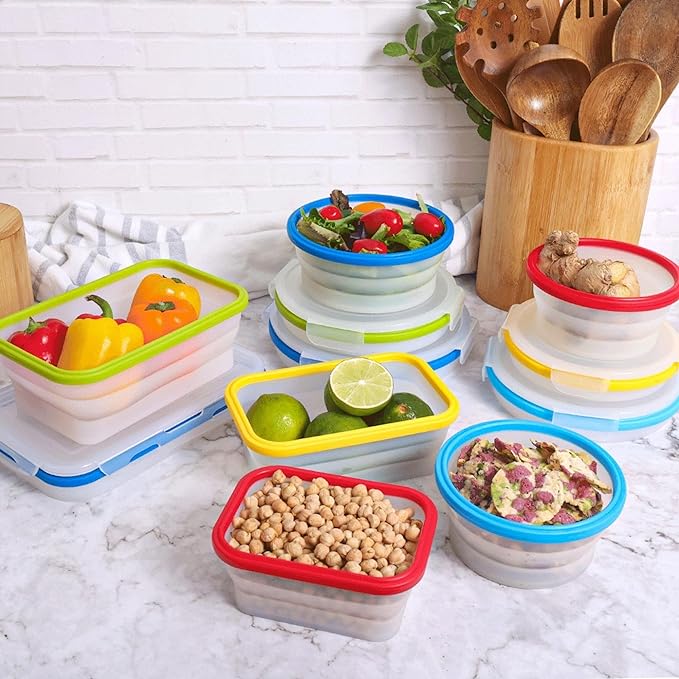 Collapsible Silicone Food Storage Containers, BPA Free, Microwave, Freezer and Dishwasher Safe, Lunch, Meal Prep, Travel, Space-Saving, Set of 5