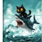 Funny Black Cat Bathroom Wall Art Cute Cat Riding Shark Canvas Wall Decor Animal Kitten Pictures Painting Print Artwork Framed Decorations Gifts for Cat Lover Kids Room Bedroom 16"x24"