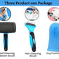 3-in 1 Dog & Cat Grooming Supplies- Self-cleaning Slicker Brush, Deshedding Rake Comb, And Finger Toothbrush For Dogs & Cats | Perfect For Pet Grooming Kit, Dematting And Dental Tool (blue)