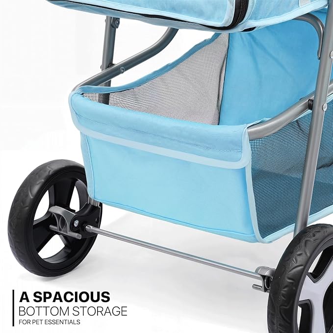 MoNiBloom 3 Wheels Pet Dog Cat Stroller for Small Medium Dogs Cats, Lightweight Foldable Jogger Stroller w/Storage Basket and Cup Holder, Mint Green