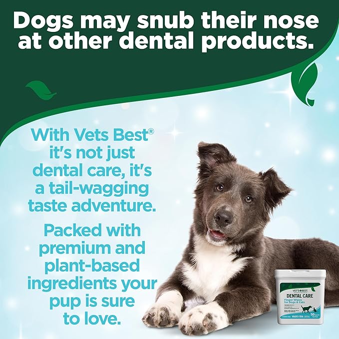 Vet's Best Finger Dental Wipes for Dogs and Cats – Oral Care Wipes for Teeth Cleaning, Fresh Breath, and Tartar Control – Gentle Finger Pads for Pet Dental Hygiene and Plaque Removal – 50 Count