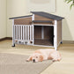 Chew-Resistant Dog House with Metal Frame, Wooden Kennel for Indoor & Outdoor Use, Waterproof Roof & Feeding Bowls Included (Brown, L)