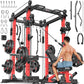 Power Cages Multi-Purpose Squat Rack with Cable Crossover System, Matching Weight Bench, Olympic Barbell Weight Set for Garage and Home Gyms