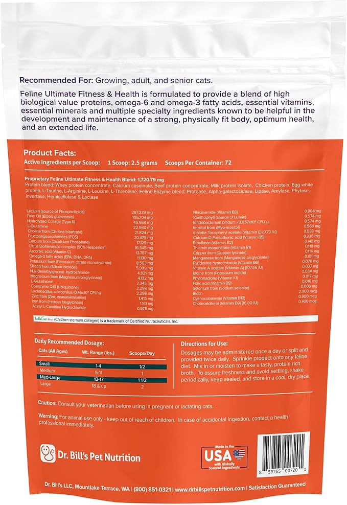 Dr. Bill’s Feline Ultimate Fitness & Health | Cat Multivitamin Powder - Daily Supplement | Weight Control, Joint, Brain, Heart & Immune Support | Omega 3s, Collagen, B Vitamins, Taurine, Amino Acids
