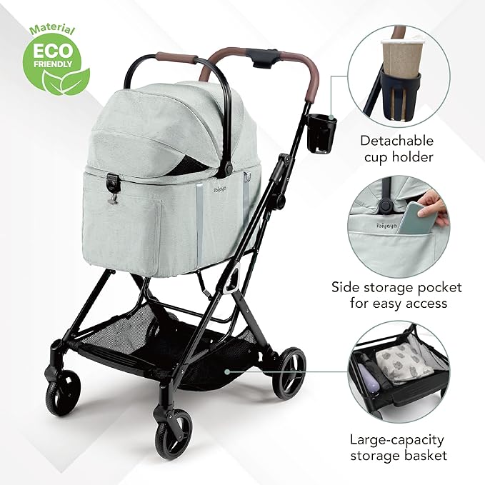 ibiyaya Tinker Pet Stroller for Small Dogs and Cats – 3-in-1 Pet Carrier, Dual-Opening Canopy, No-Flat Wheels, Vegan Leather Handle, Large Storage Basket (Sage Green)