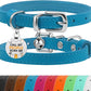 BRONZEDOG Leather Cat Collar with Removable Bells Non Breakaway Kitten QR Tag for Girl Boy (7" - 9" for Cats, Blue & Silver)
