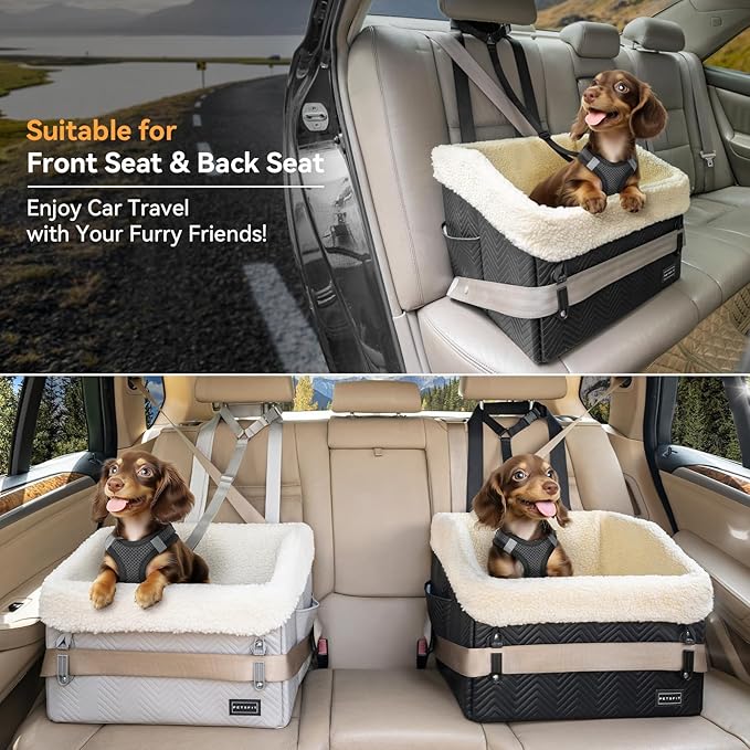 PETSFIT Small Dog Car Seat, Waterproof PU Leather Dog Booster Car Seat with Patented Safe Buckles, Detachable Dogs Seat Belt for Car, Dog Car Seat Medium Sized Dog up to 30 lbs (Black)