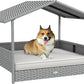 PawHut Wicker Dog House Outdoor with Canopy, Rattan Dog Bed with Water-Resistant Cushion, Raised Dog Bed for Small, Medium Dogs up to 66 lbs, 19.75" in Length, Silver Wicker, White Cushion