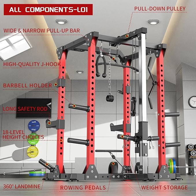 Power Cage,1600lbs Multi-Function Power Rack with Adjustable Cable Crossover System and More Training Attachment, Weight Cage for Home Gym
