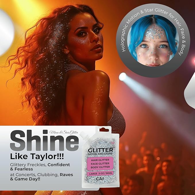 Hair Glitter Gel – 3 Oz Chunky Iridescent Holograph Stars & Moon, Cosmetic-Grade Glitter for Hair, Body & Face for Kids and Women, Applies Smoothly & Washes Off Easily - Rose/Gold 2Pack