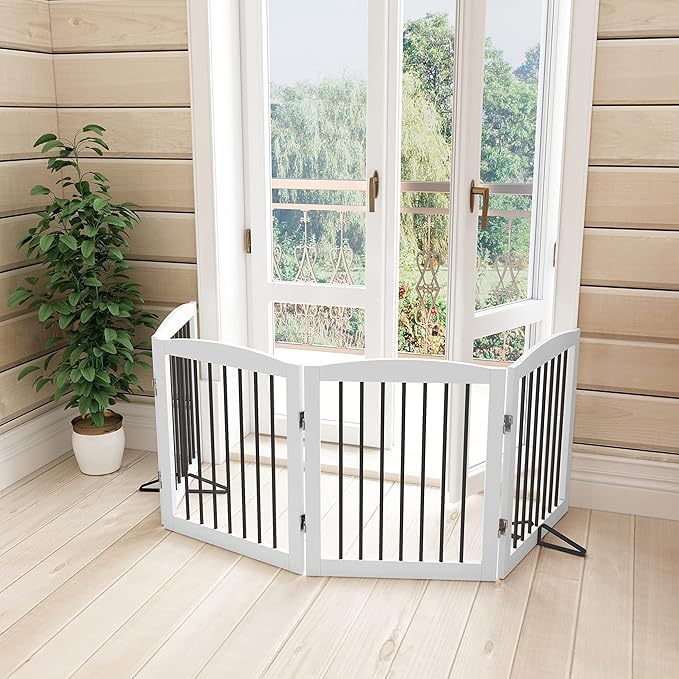 Freestanding Pet Gate for Dogs, Foldable Wooden Dog Gate for House, Indoor Dog Gate for Stair, Doorway, Gates for Dogs Indoor, 80 Inch Wide, 4 Panels 24",White