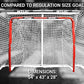 Mylec Steel Junior Hockey Goal for Indoor + Outdoor (52” x 43”), Easy Assembly, Lightweight, Portable, and Net Weave System (Red, 17 Pounds)