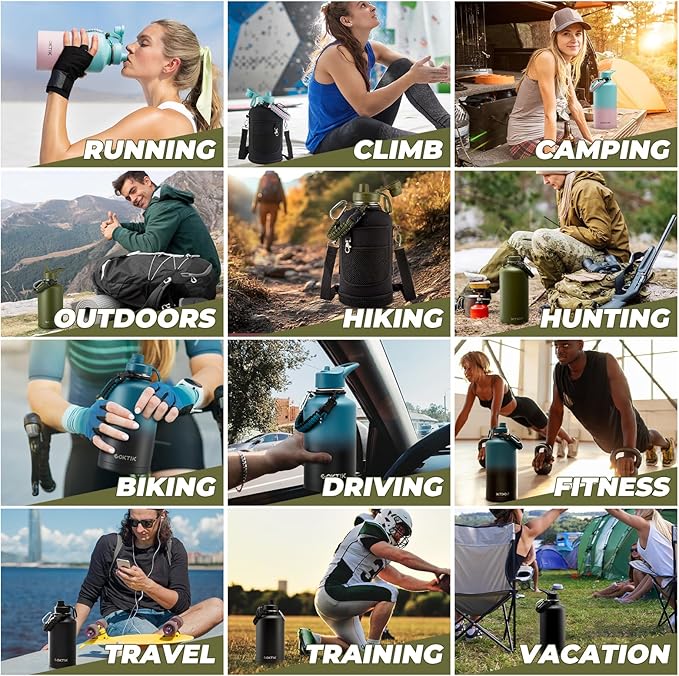 Half Gallon Insulated Water Bottle, 64 oz Triple Wall Stainless Steel Flask, Keeps Drinks Cold for 48 Hrs Leak-Proof & BPA-Free Half Gallon Jug with Paracord Handle, Straw & Spout Lids(Bubble Gum)