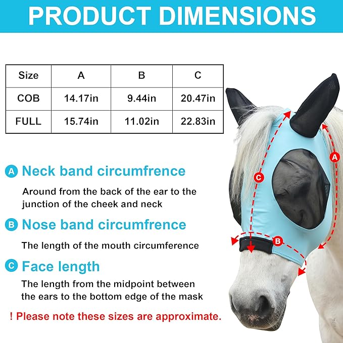 Stretchy Horse Fly Mask for Horses, Soft Lycra Equine Mesh Mask, Elasticity Horse Face Covering, Breathable&UV Protection, Pacific Blue, Cob