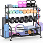 PLKOW Dumbbell Rack, Weight Rack for Dumbbells, Home Gym Storage for Dumbbells Kettlebells Yoga Mat and Balls, All in One Workout Storage with Wheels and Hooks, Powder Coated Finish Steel